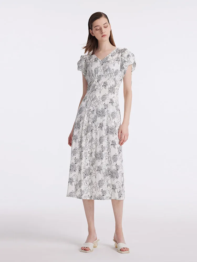 20 Momme Mulberry Silk Iris Printed Drawstring Sleeves Women Midi Dress