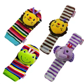 4PCS Soft Plush Lion Elephant Wrists Rattle and Lion Frog Foot Finder Socks Set