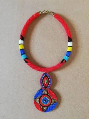 African Red & Blue beaded pendant necklace, Tribal Zulu necklace, Maasai jewelry