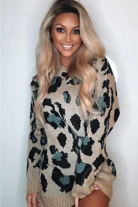 Beige and Blue Leopard Print Jumper Dress - Nancy