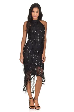 Black Cut In Dipped Hem Sequin Dress