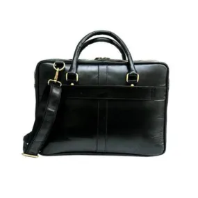 Black Leather Laptop Bag - Dual Zipper Compartment