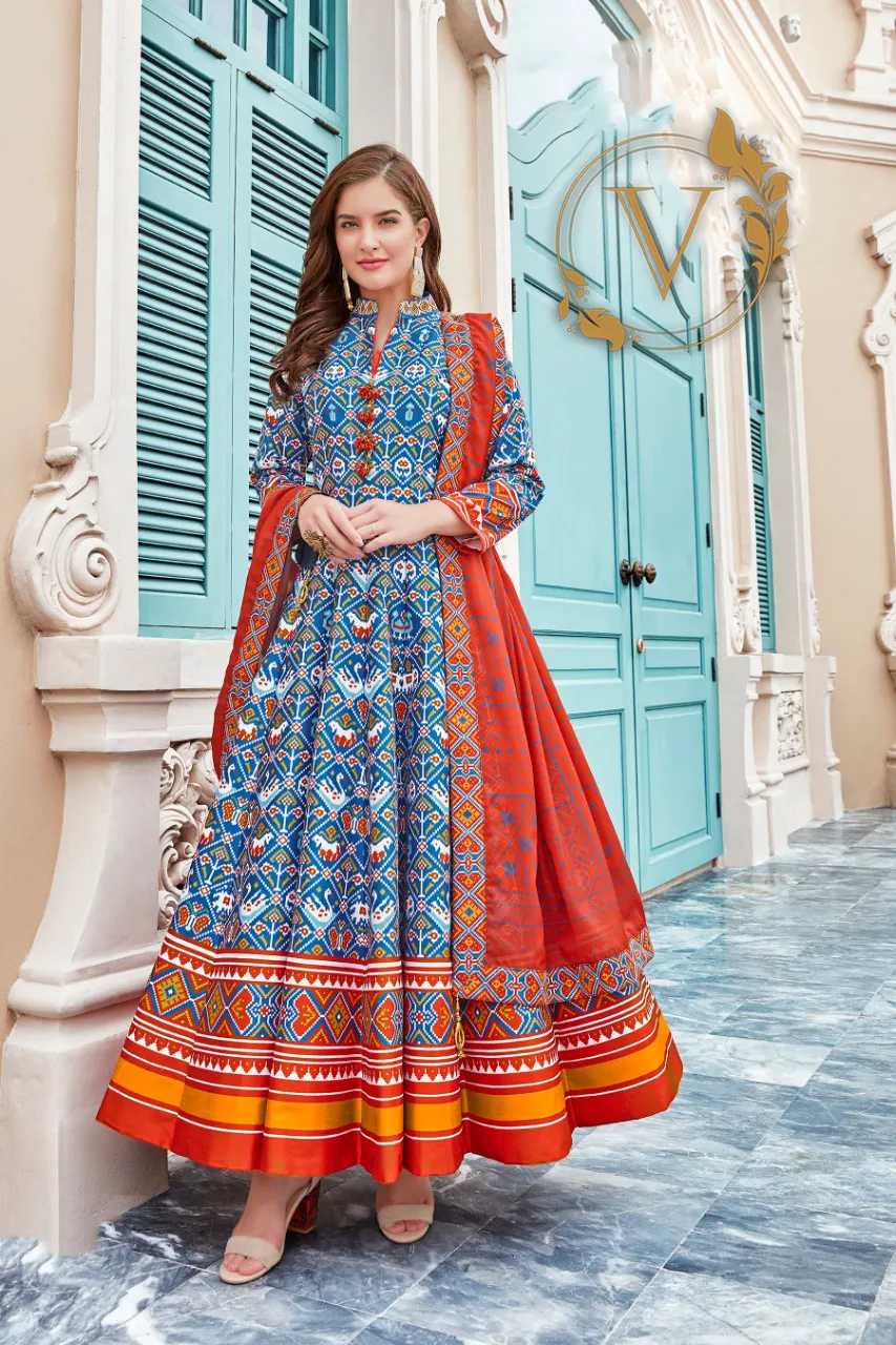 Blue Designer Gown With Digital Patola Print