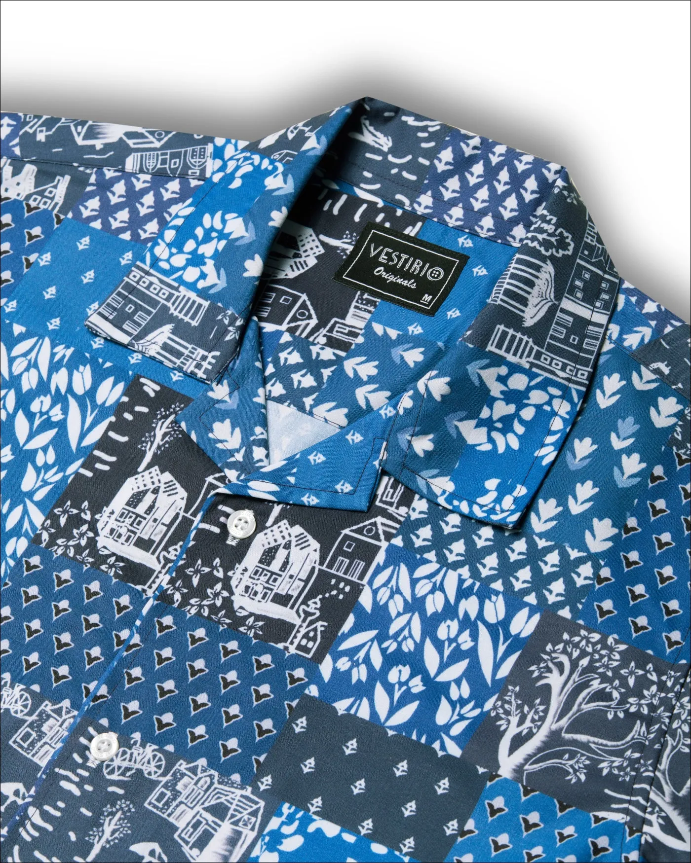 Blue floral basket print camp collar shirt for men