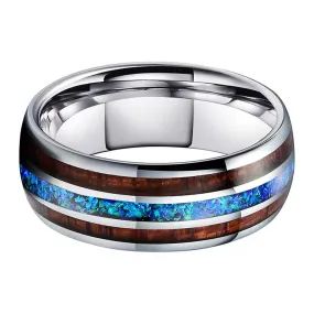 Blue Opal & Koa Wood Silver Tungsten Ring (8mm)