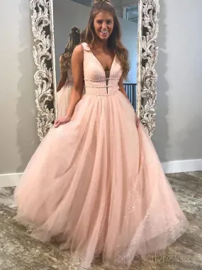 Blush Pink V Neck Straps A-line Sparkly Tulle Long Evening Prom Dresses, 17562