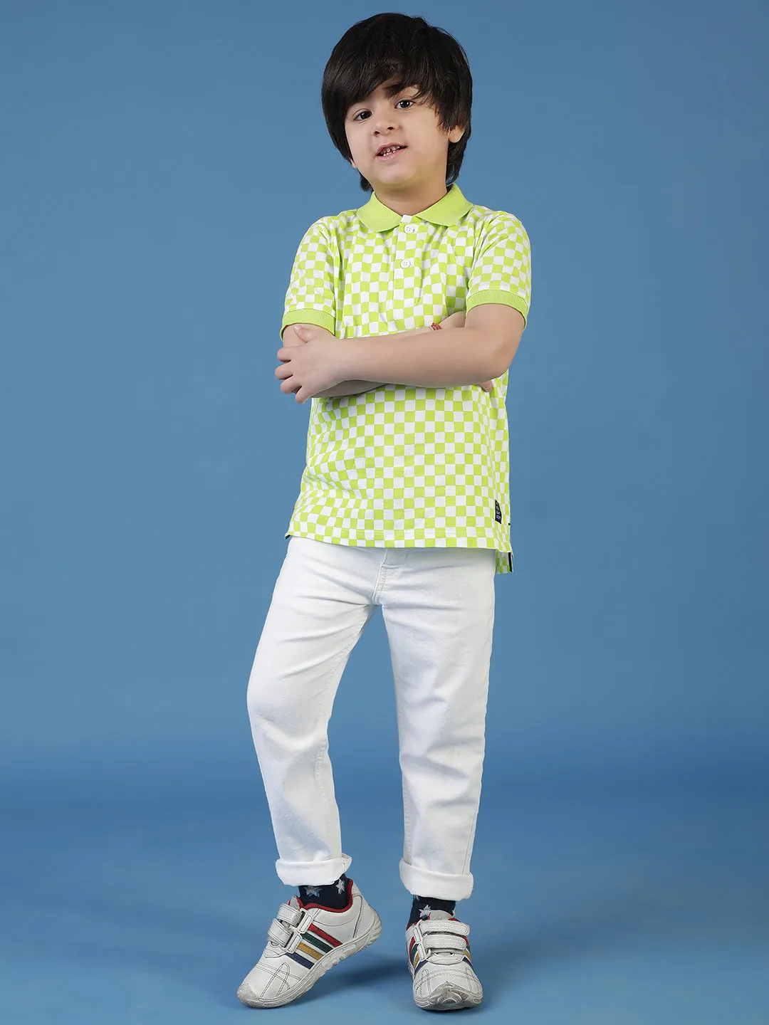 Boys Green Neon Checkered Polo T-Shirt