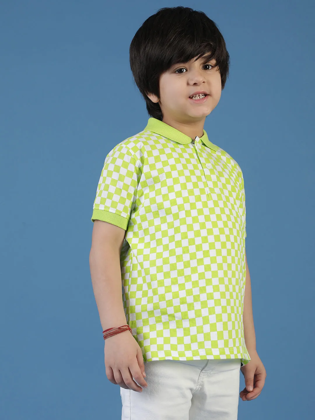 Boys Green Neon Checkered Polo T-Shirt