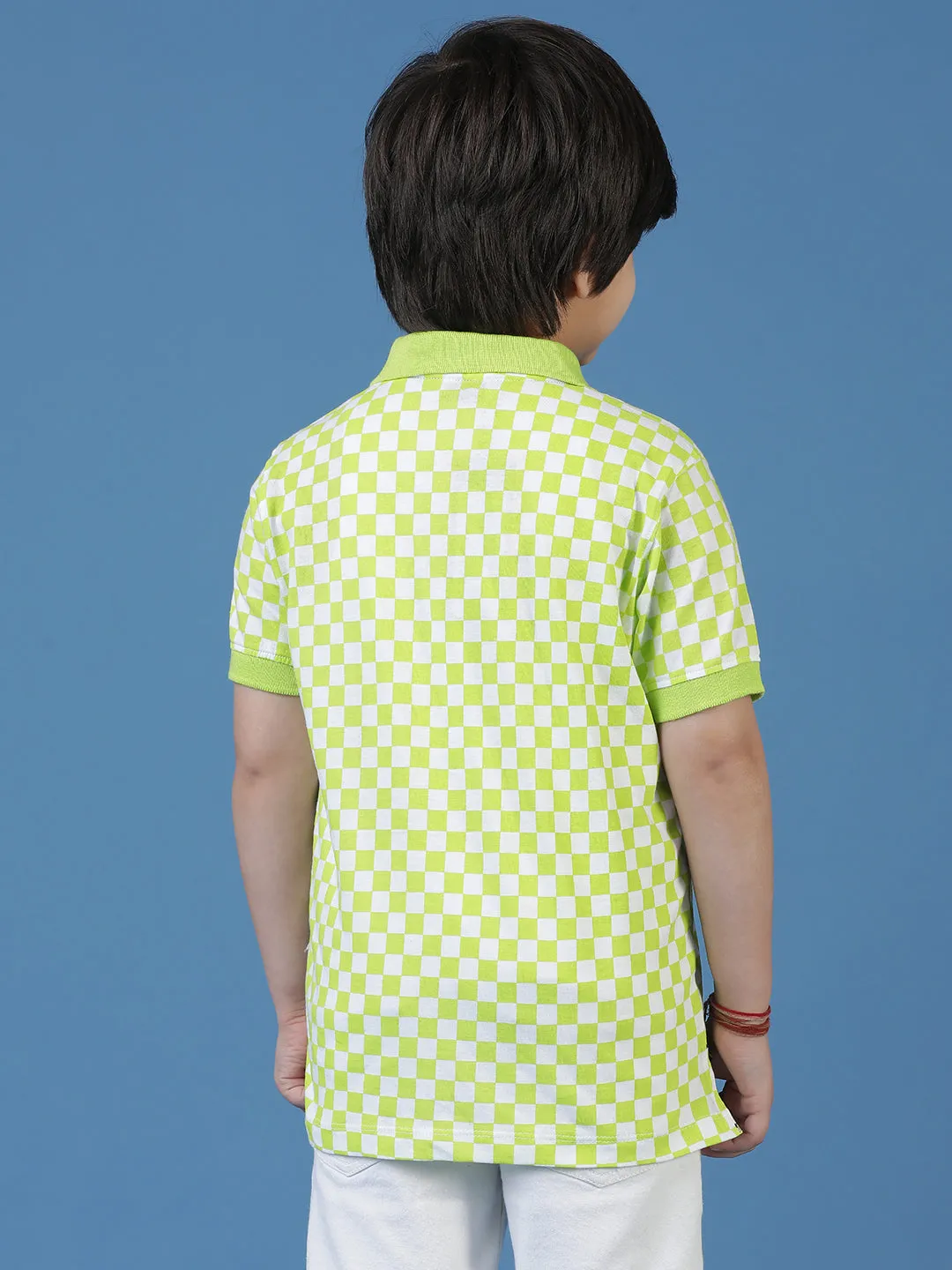 Boys Green Neon Checkered Polo T-Shirt