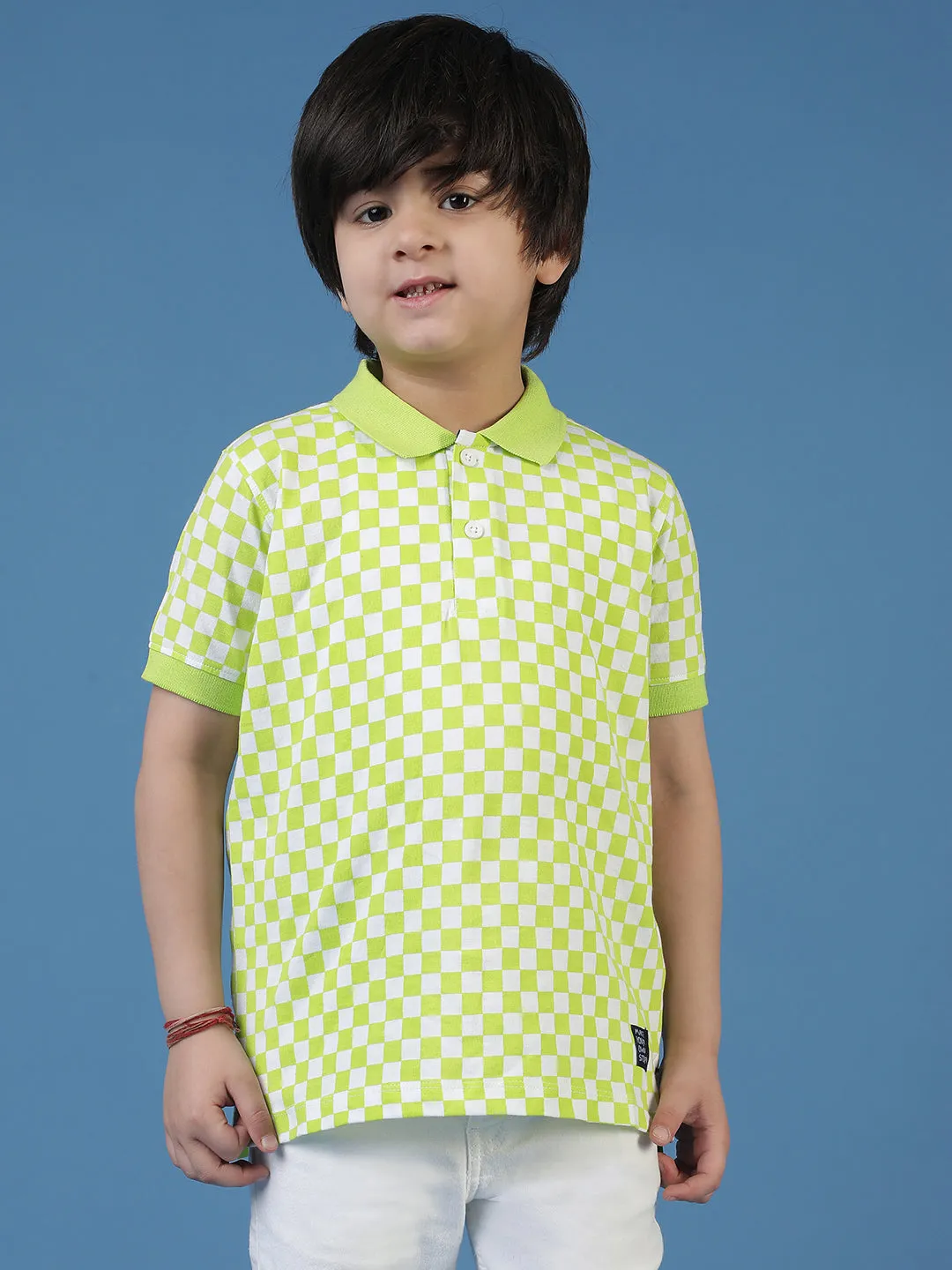 Boys Green Neon Checkered Polo T-Shirt