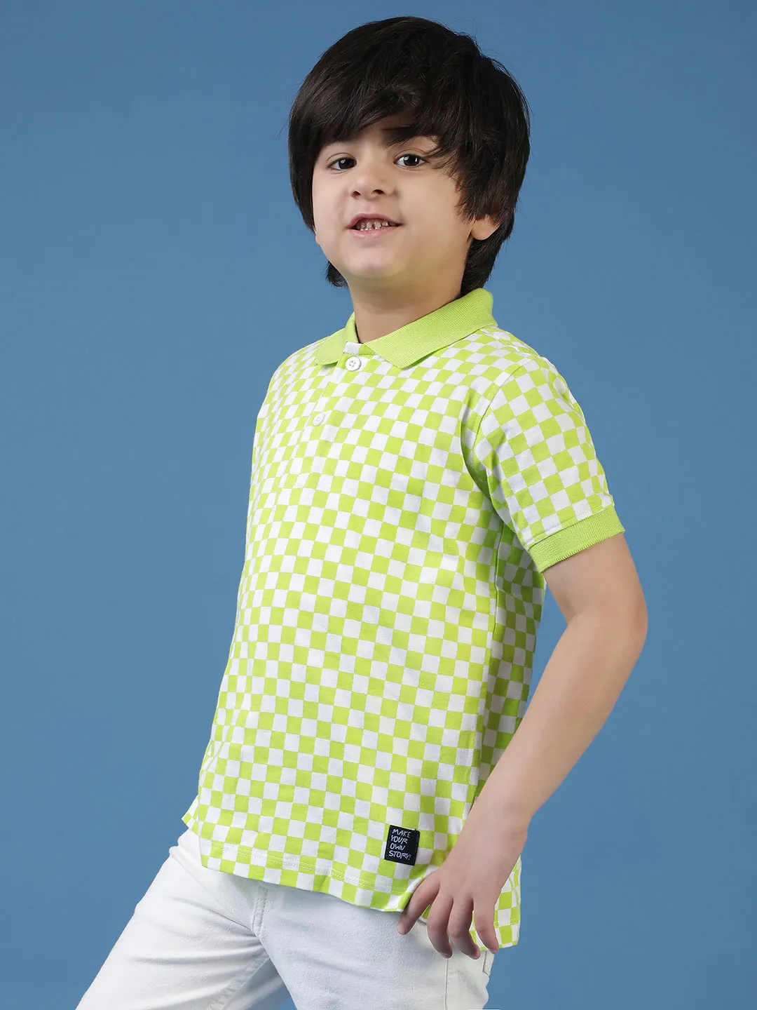 Boys Green Neon Checkered Polo T-Shirt