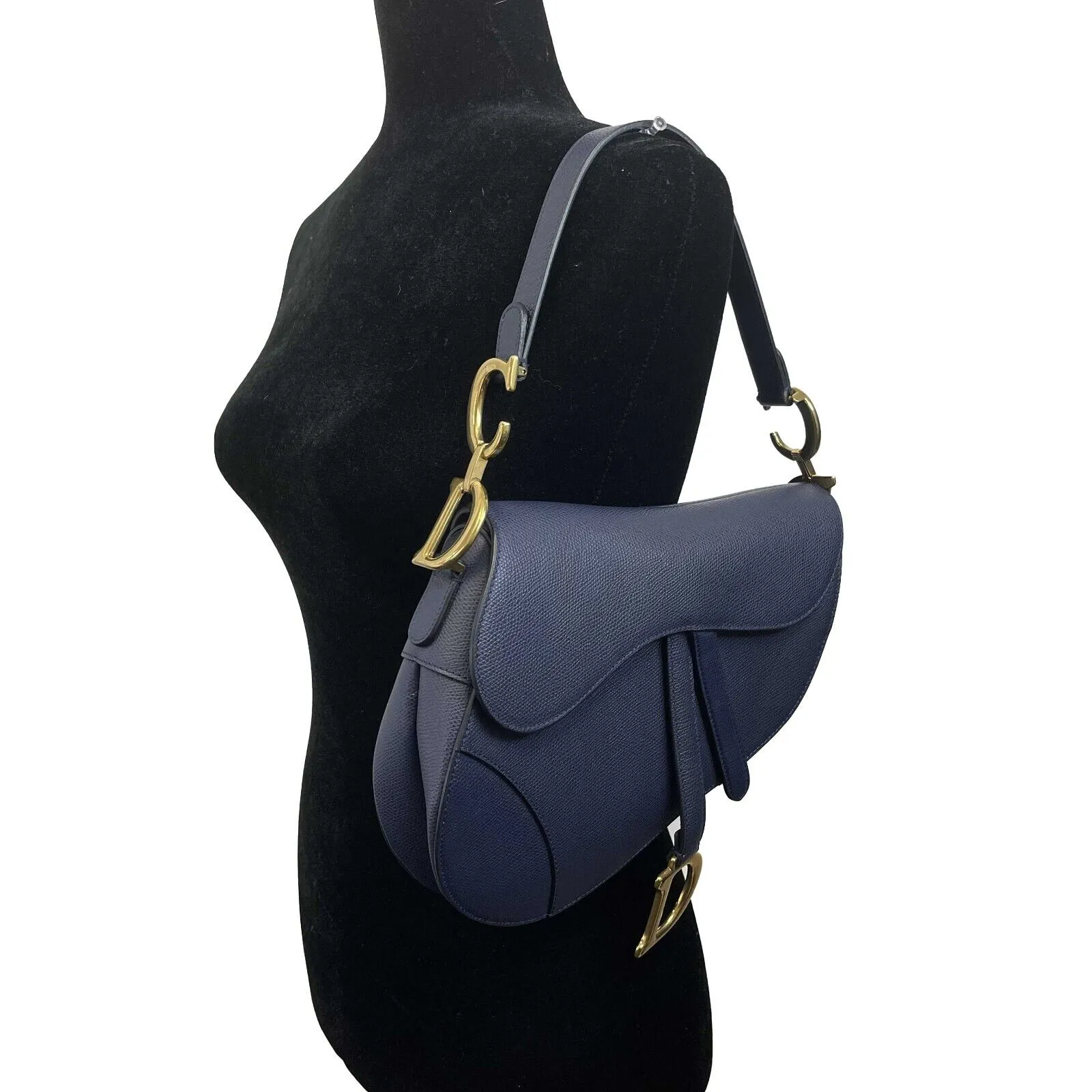 Christian Dior - Calfskin Leather Saddle Bag Navy Blue / Gold CD Shoulder Bag