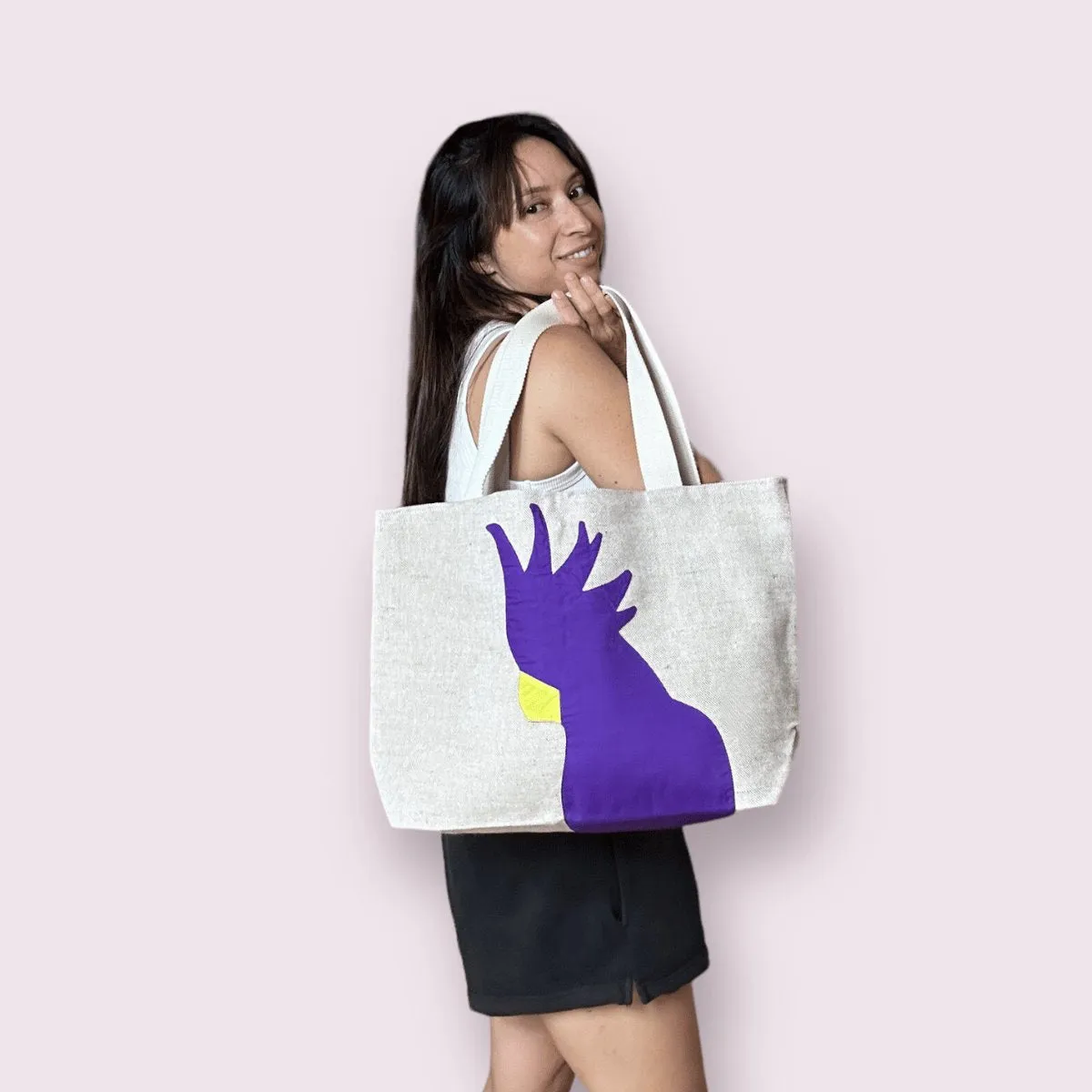 Cockatoo Jute Tote Bag in Purple and Yellow