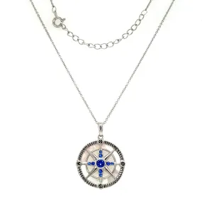 Compass Necklace with Mother of Pearl and Blue Crystals in Sterling Silver