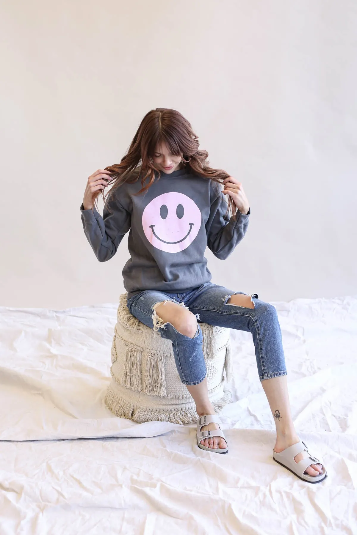 Distressed Smiley Face Graphic Sweatshirt