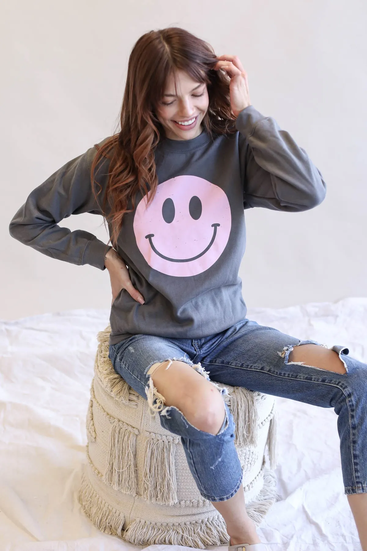 Distressed Smiley Face Graphic Sweatshirt