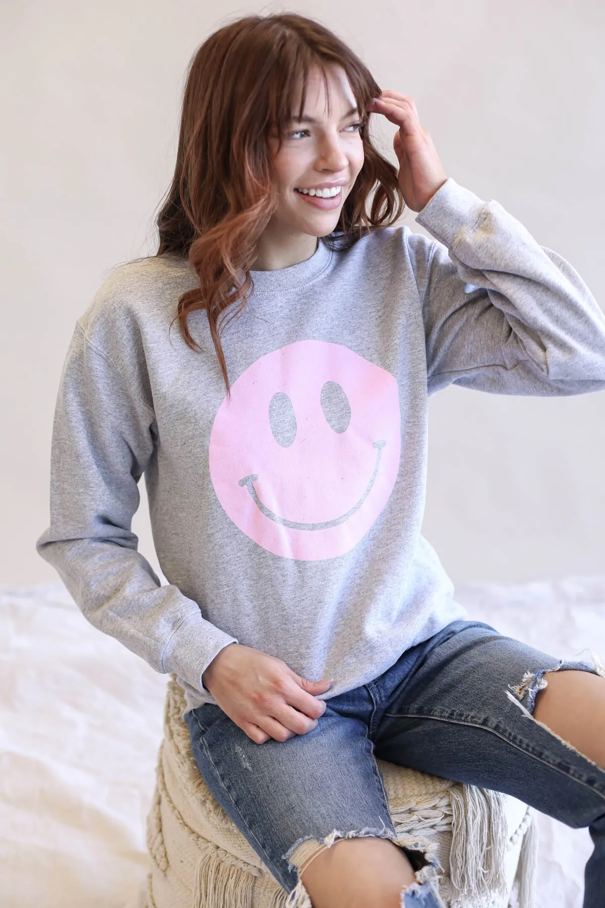 Distressed Smiley Face Graphic Sweatshirt