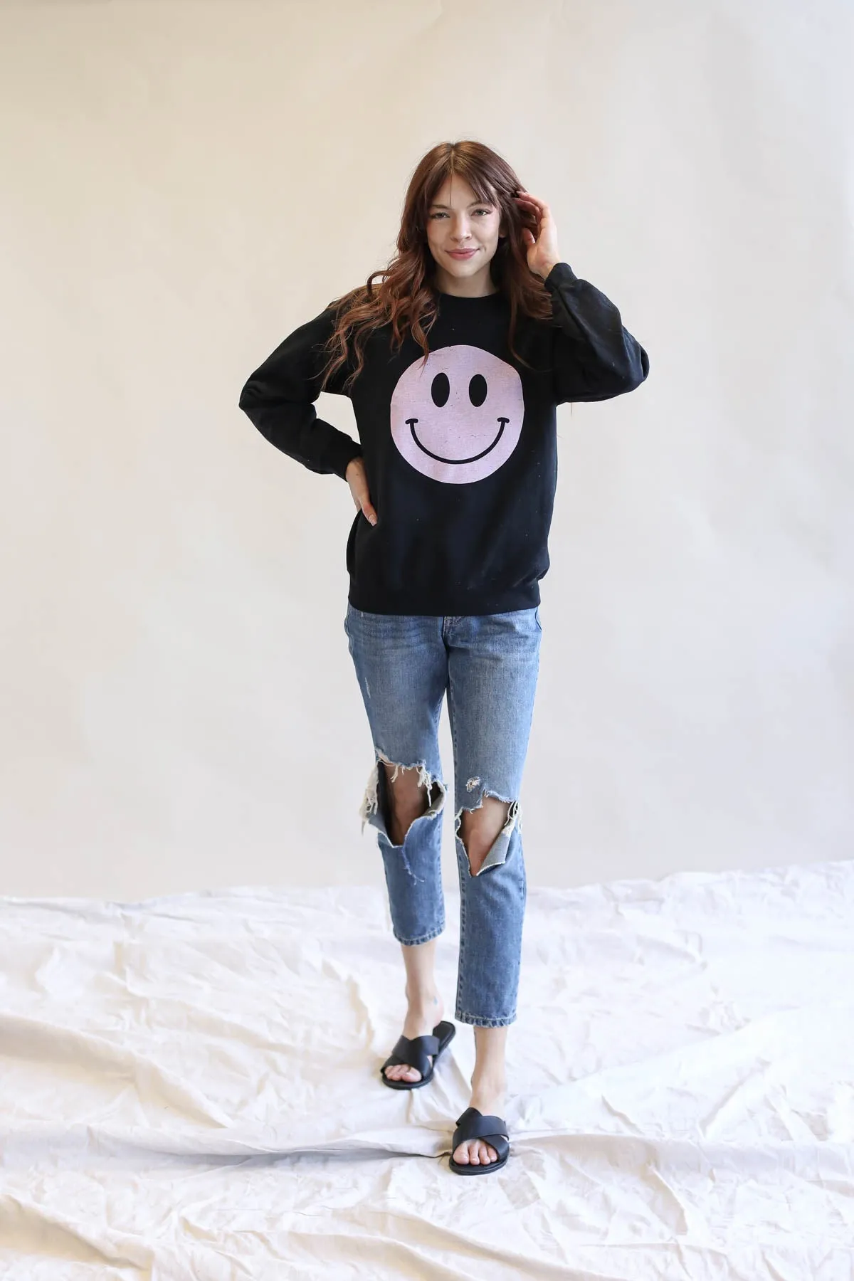 Distressed Smiley Face Graphic Sweatshirt