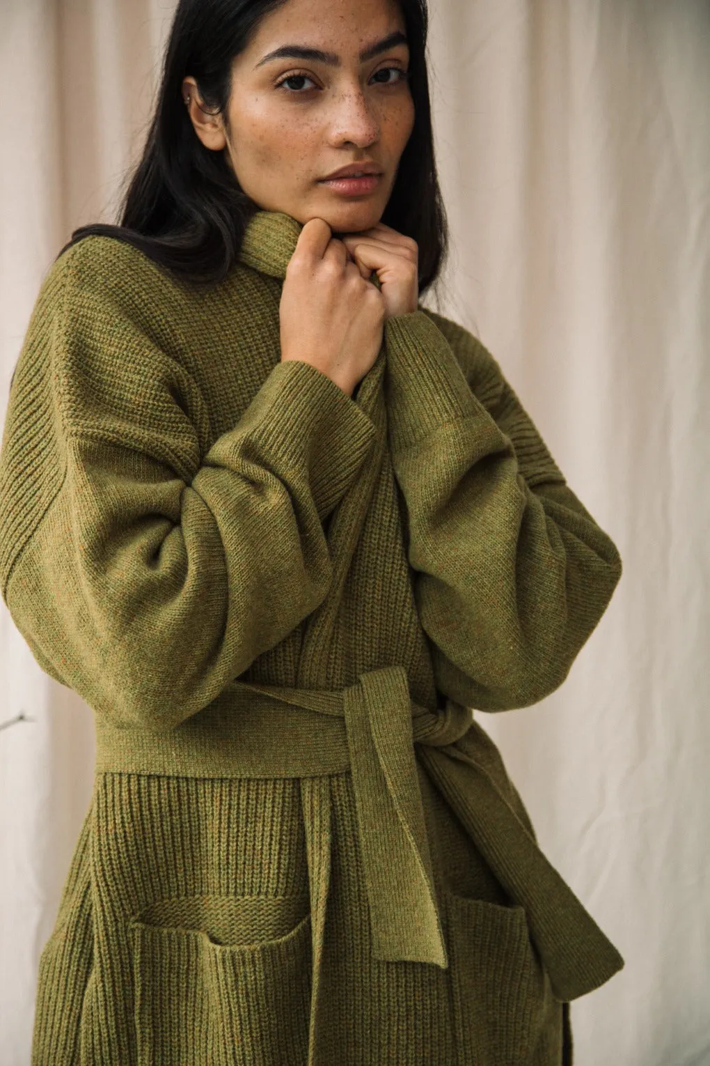 Emi Recycled Wool Cardigan in Olive Marl