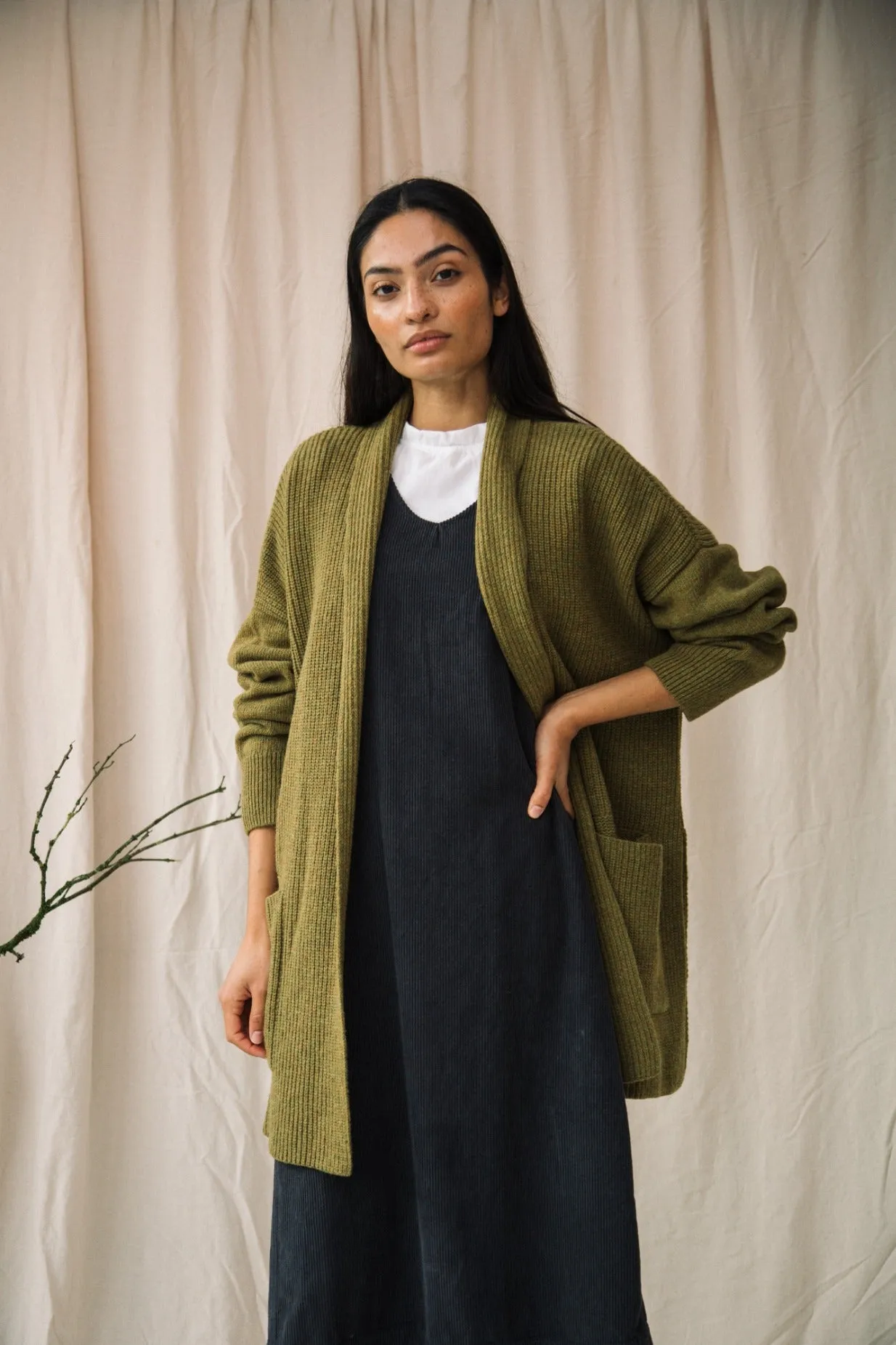 Emi Recycled Wool Cardigan in Olive Marl