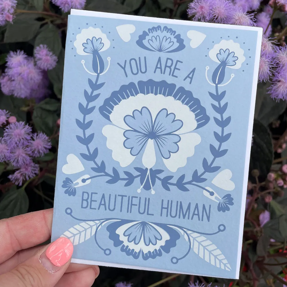 floral friendship card, folk art card for friend, you are a beautiful human card