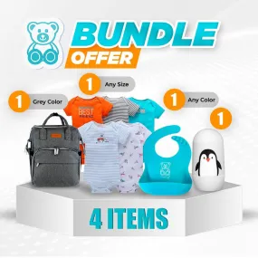 Gift Pack 5 - Diaper Bag with Changing Mat   100% Cotton Baby Bodysuit - (5 Piece Romper Set)   BPA Free Silicone Baby Bib (Set of 2)   Cute Penguin-Themed Nail Care Kit (4 Pieces)