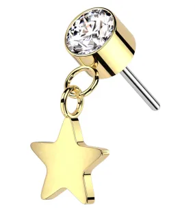 Gold PVD Clear CZ Dangle Star Titanium Threadless Top