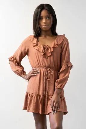 Gracious Nutmeg Texture Frill Neck LS Frill Hem Dress