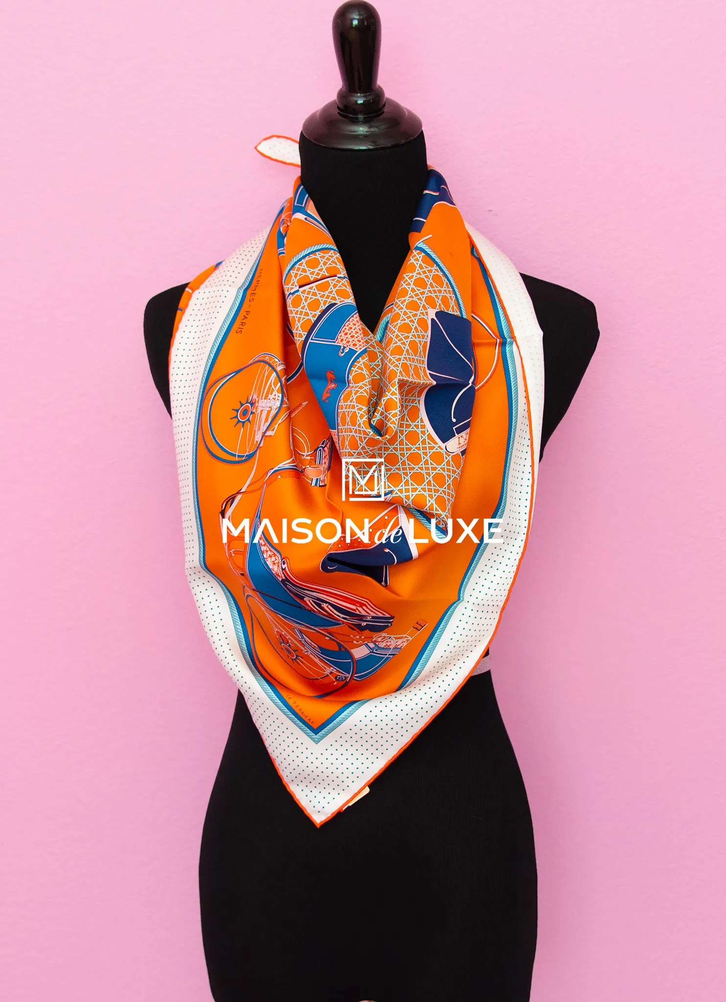 Hermes "Les Voitures à a Transformation" Orange Twill Silk 90 cm Scarf