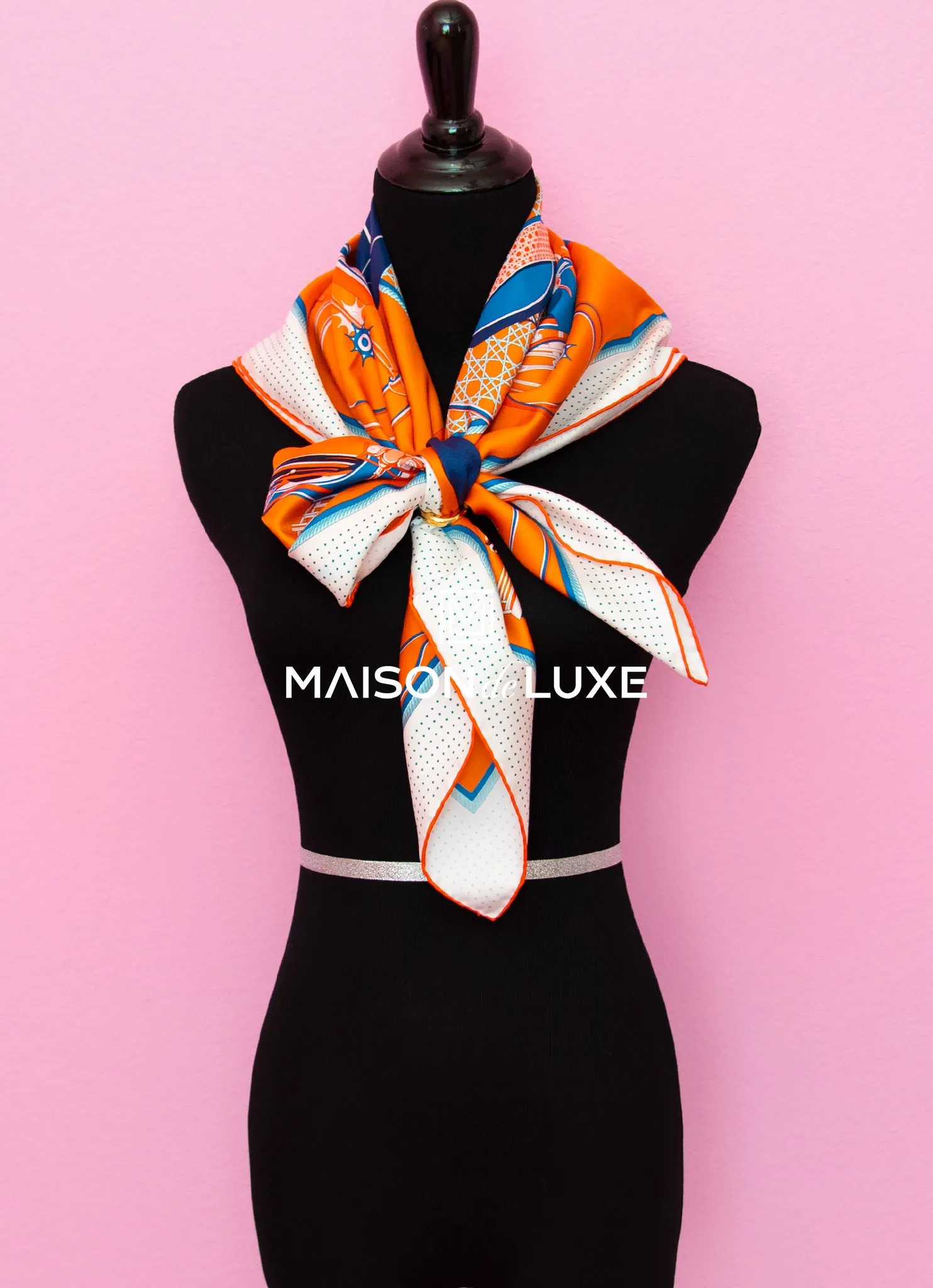 Hermes "Les Voitures à a Transformation" Orange Twill Silk 90 cm Scarf