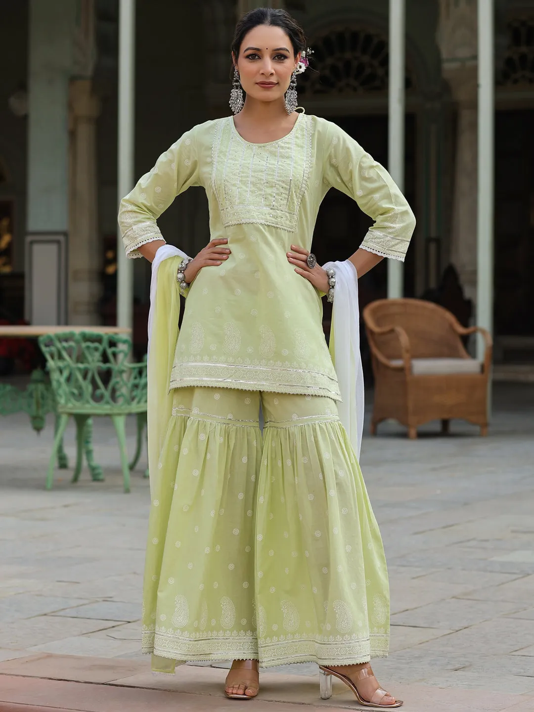 Juniper Lime Green Ethnic Motif Print Pure Cotton Lacy Kurta Sharara & Dupatta Set With Beads & Sequins Work