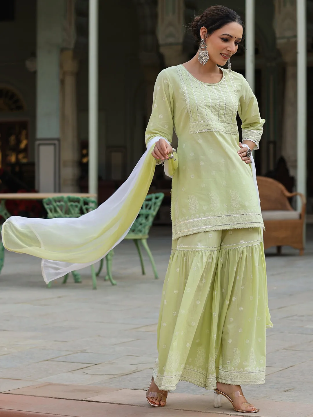 Juniper Lime Green Ethnic Motif Print Pure Cotton Lacy Kurta Sharara & Dupatta Set With Beads & Sequins Work