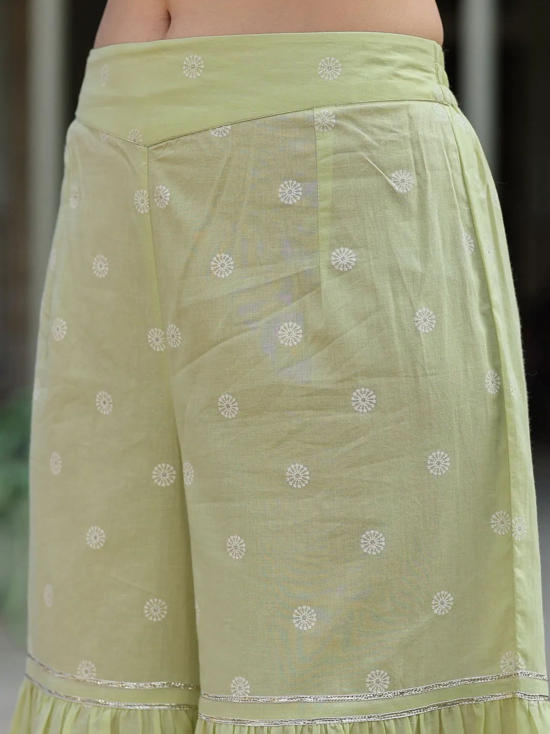 Juniper Lime Green Ethnic Motif Print Pure Cotton Lacy Kurta Sharara & Dupatta Set With Beads & Sequins Work