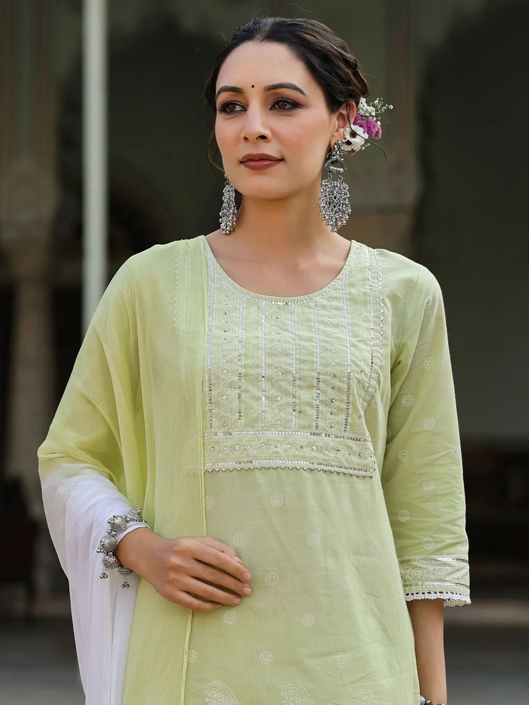 Juniper Lime Green Ethnic Motif Print Pure Cotton Lacy Kurta Sharara & Dupatta Set With Beads & Sequins Work