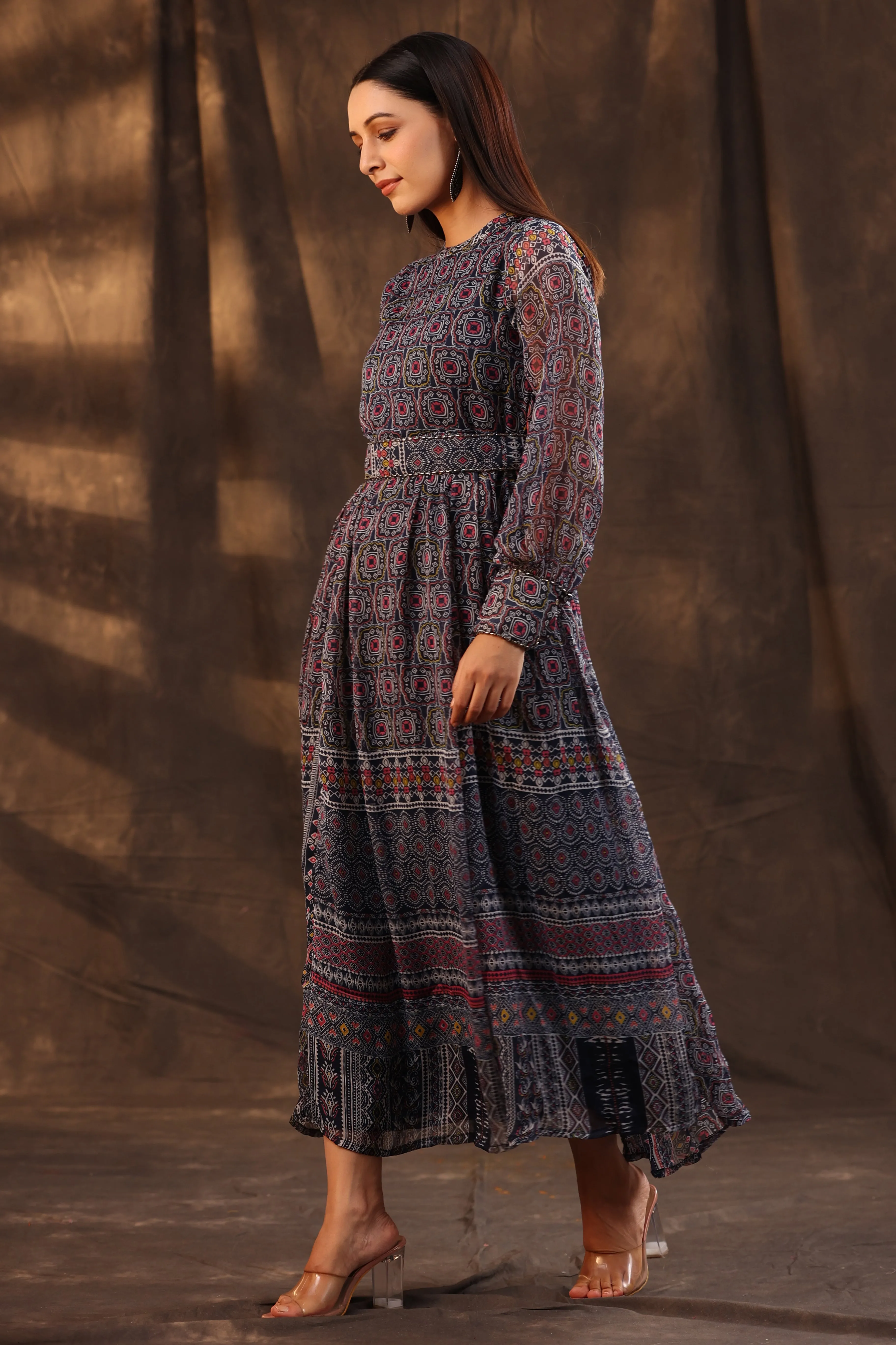 Juniper Navy Blue Geometric Printed Chiffon Flared Maxi Dress With Buttons.