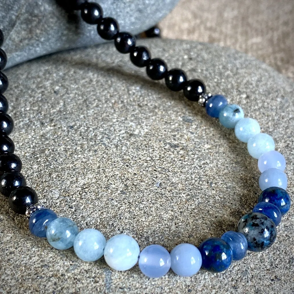 Long Shungite Necklace, Blue Gemstones, Throat Chakra, Communication