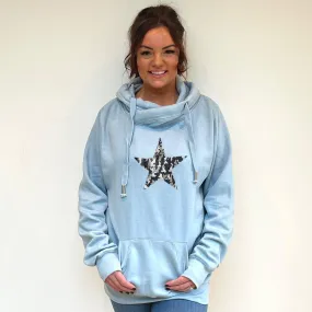 Luxury Cowl Neck Silver Camo Star Hoodie - Sky