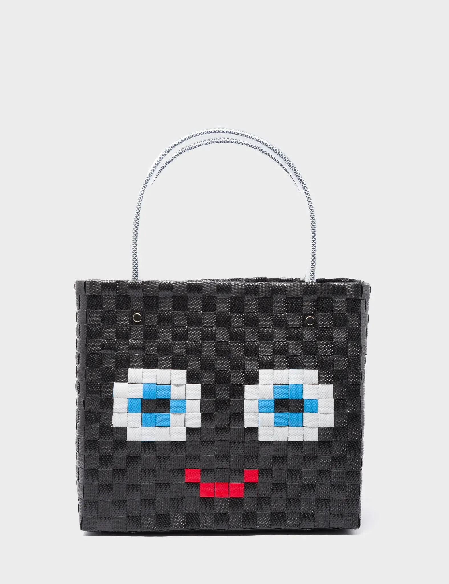 Medium Black Handwoven Market Bag - Happy Face Design