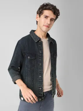 Men's Dark Blue Regular Fit Washed Full Sleeve Denim Jacket