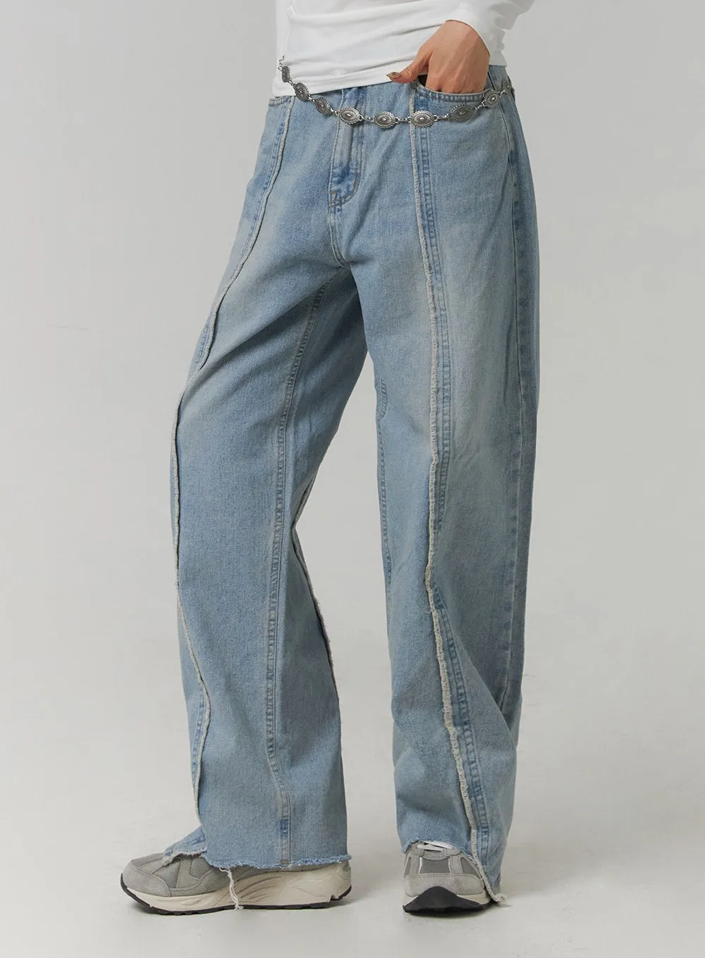 Mid Waist Wide Leg Denim Stitching Jeans CJ419