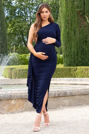 Never Let Go |  Navy Maternity One Shoulder Ruched Side Detail Maxi Dress