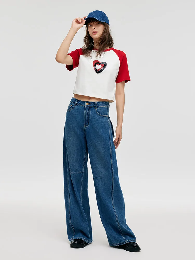 Raglan Sleeves Heart Printed Sequins Women Crop T-Shirt