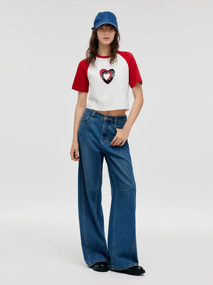 Raglan Sleeves Heart Printed Sequins Women Crop T-Shirt