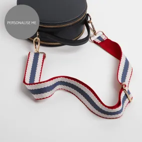 Rome Round Circle Crossbody Bag in Navy Blue with Nautical Stripe Strap