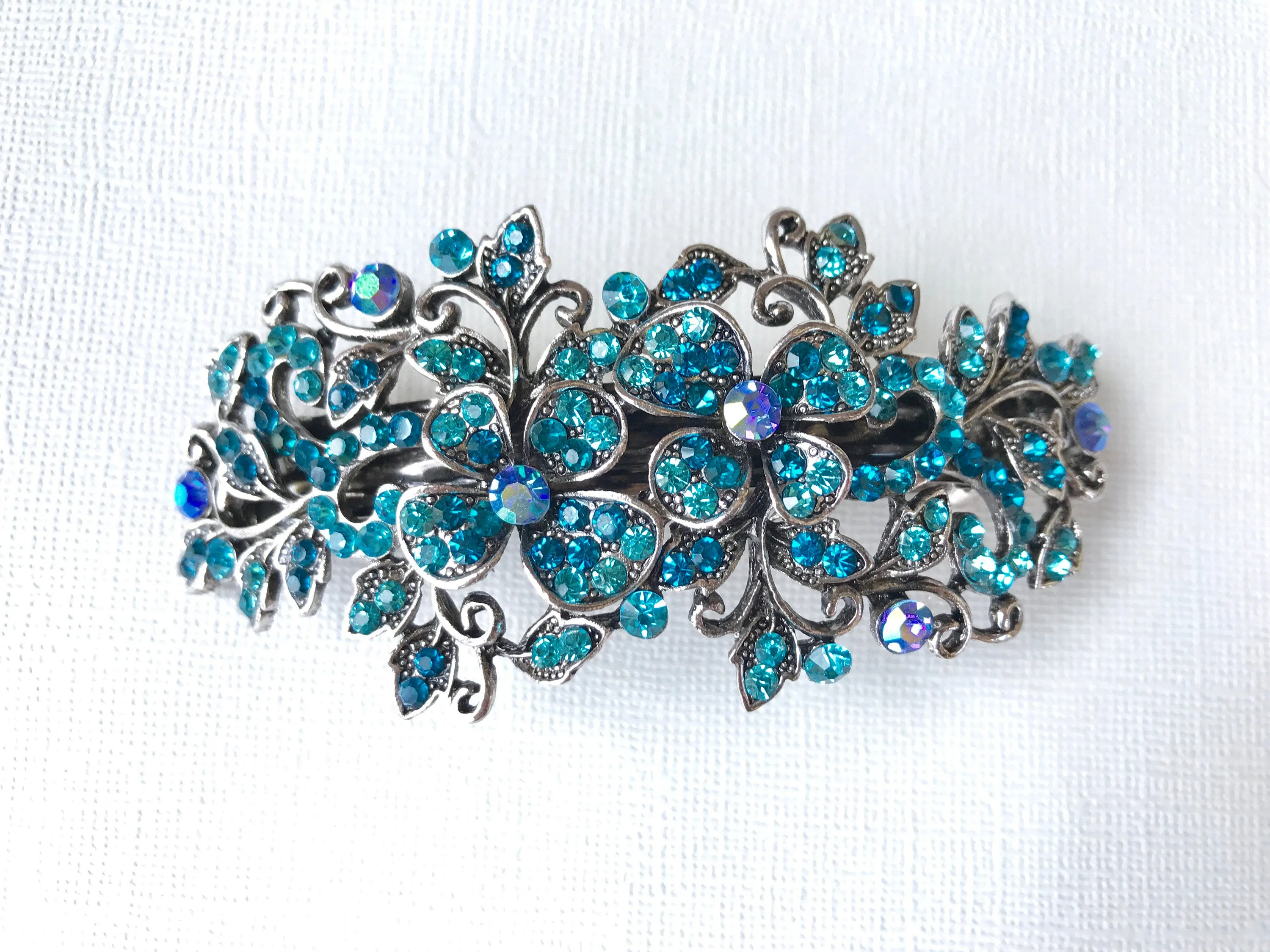 Sale! Vintage-style Blue Hair Accessory, Rhinestone Hair Clip, Bridesmaids Hair Accessory, Prom Hair Barrette, Blue Flower Leaf Crystal Hair