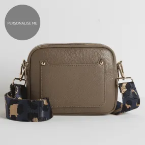 Sienna Crossbody Bag in Dark Taupe with Dark Blue Leopard Strap