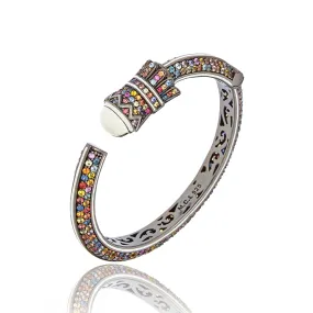 Sterling Silver Statement Cuff Bracelet with White Enamel & Mixed Sapphires