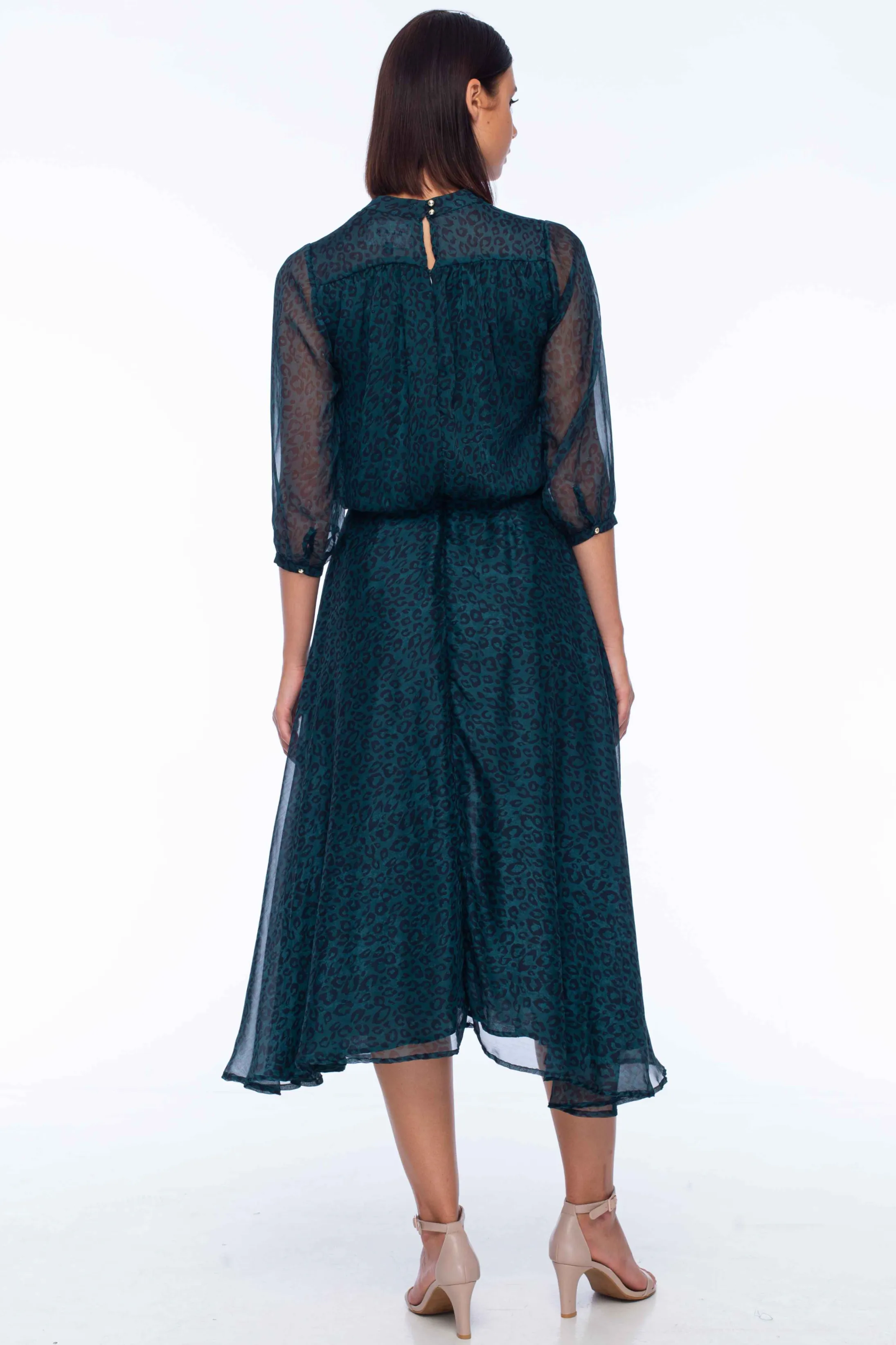 With Love Emerald Leopard Chiffon LS Midi Dress