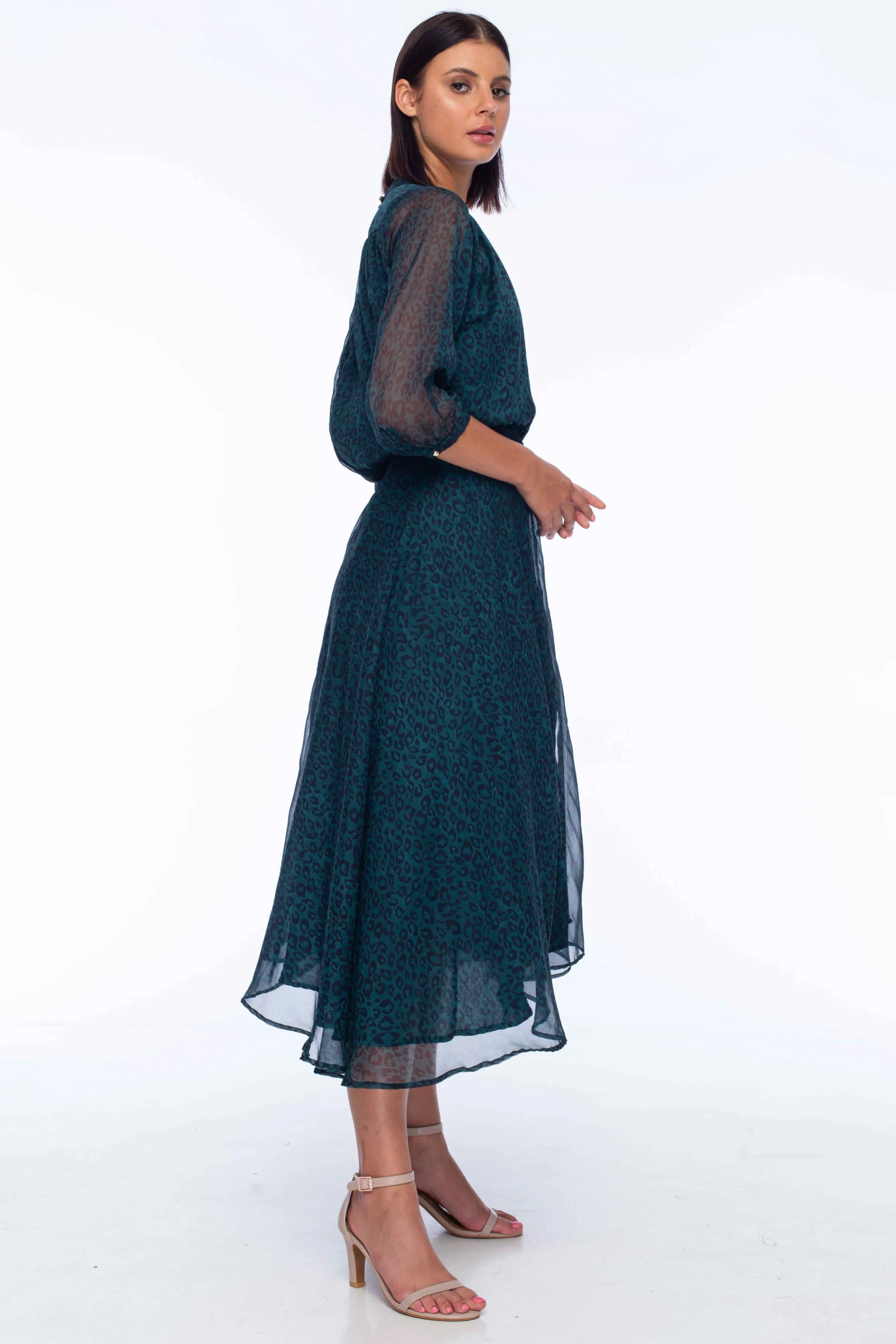 With Love Emerald Leopard Chiffon LS Midi Dress