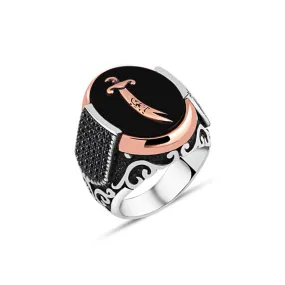 Zulfiqar Sword on Ellipse Black Onyx Stone Silver Men's Ring Siding Zircons in Epaulet Shape